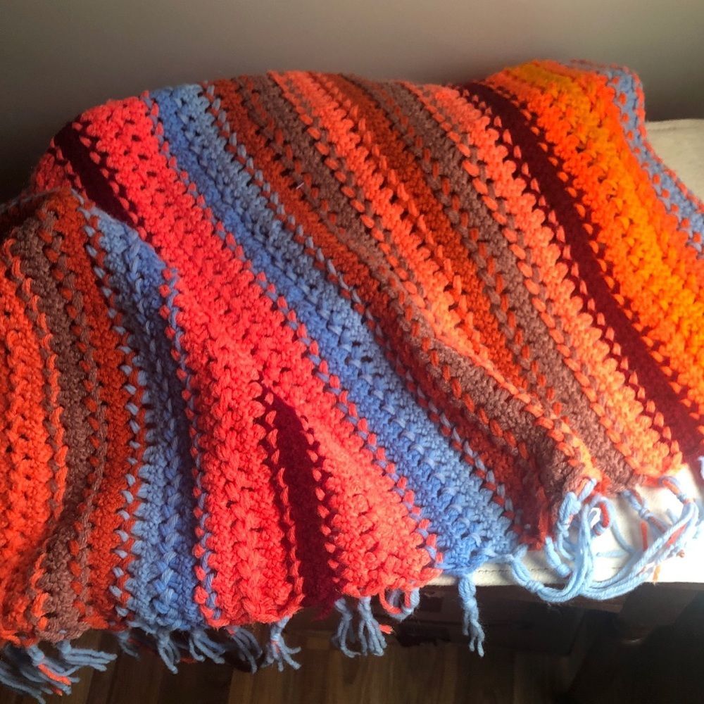 Vintage | Striped Orange and Blue Sunset Afghan Boho Granny Throw Blanket
